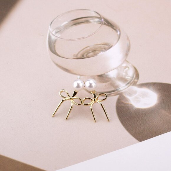 Women's Gold Dainty Pearl Bow Trendy Drop Dangle Earrings Statement Jewelry - Picture 5 of 7